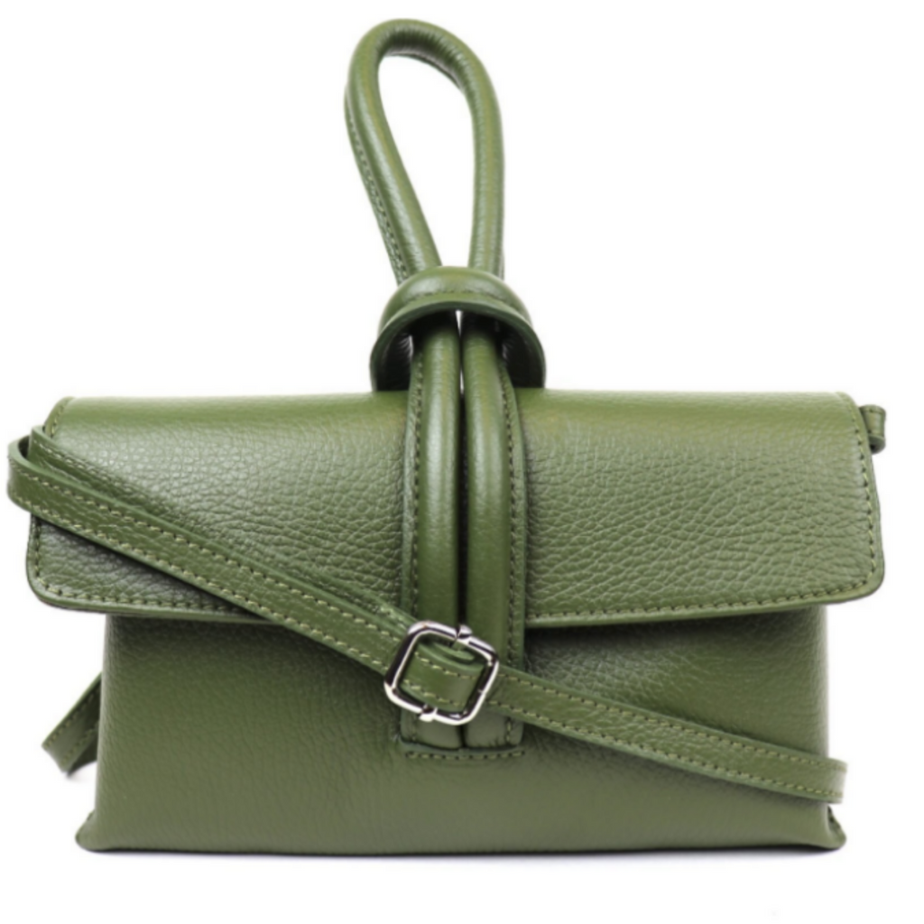 Green leather handbag with a buckle on a white background